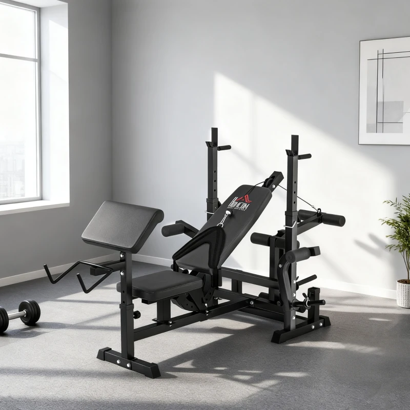 HOMCOM Weight Bench, 6 in 1 Adjustable Bench Press with Leg Extension, Barbell Rack, Preacher Curl Pad, Resistance Band, Multi-Function Home Gym Equipment for Strength Training Weightlifting