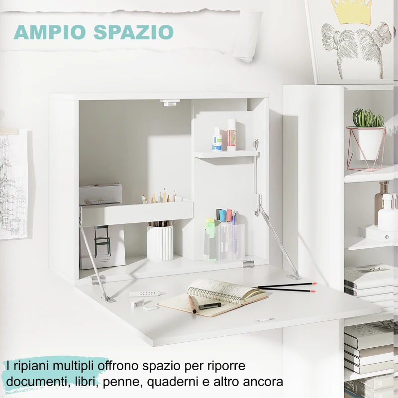 HOMCOM Scrivania a Muro Pieghevole e Salvaspazio con Ripiani, per Casa e Ufficio, in Truciolato e MDF, 60x21.5x50 cm, Bianco
