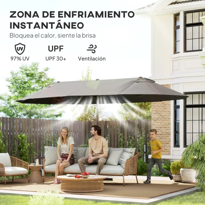 Outsunny Sombrilla Doble para Jardín 455x265x238 cm Parasol Grande con Manivela Manual Resistente al Agua Protección Solar Gris