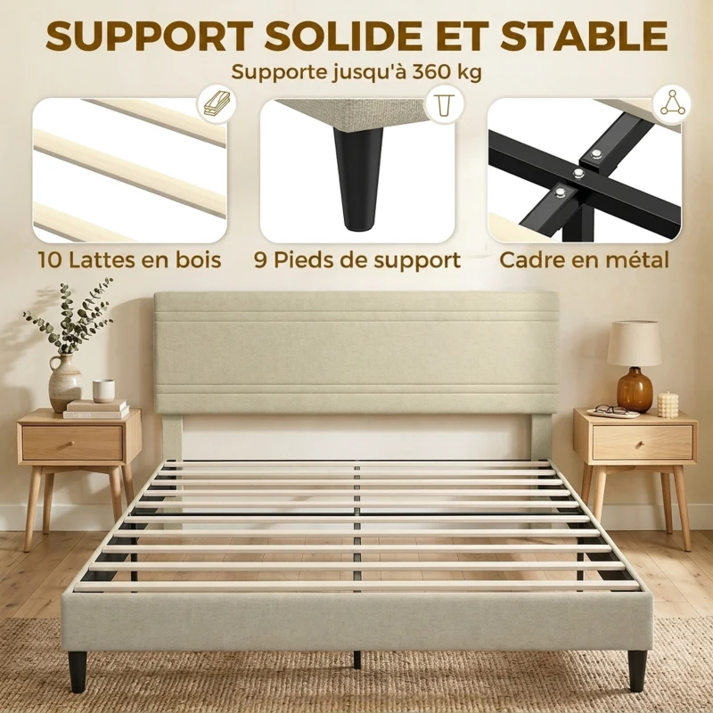 HOMCOM Cadre de Lit 160 x 200 cm avec Sommier en Bois, Rembourré en Effet Lin, Cadre en Acier, 9 Pieds Robustes, Beige