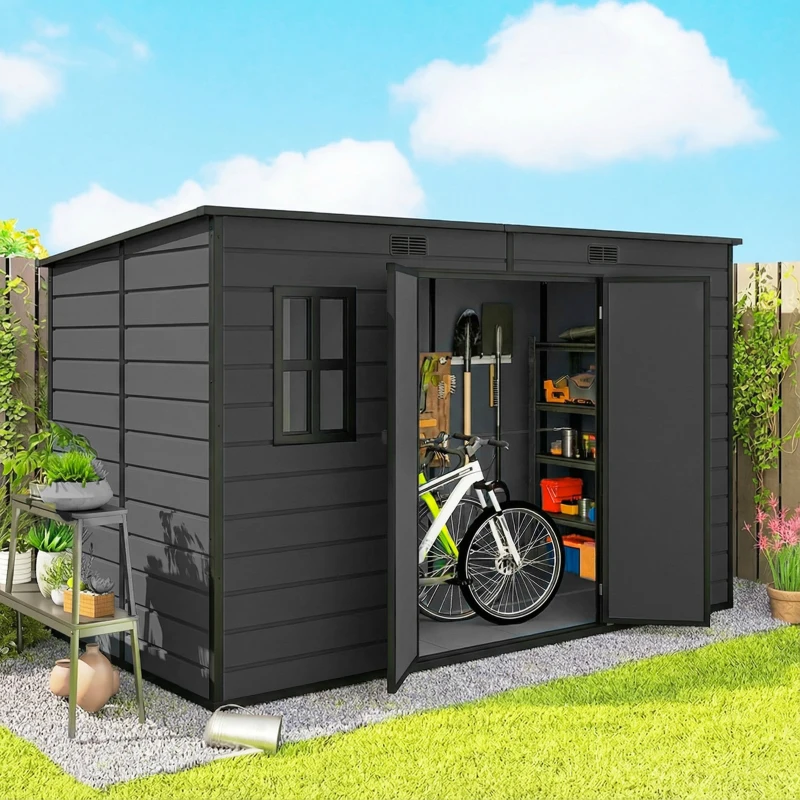 Outsunny 10 x 6 ft Resin Garden Shed, Outdoor Storage Shed with Floor, Windows, Lockable Doors and Vents, Dark Grey