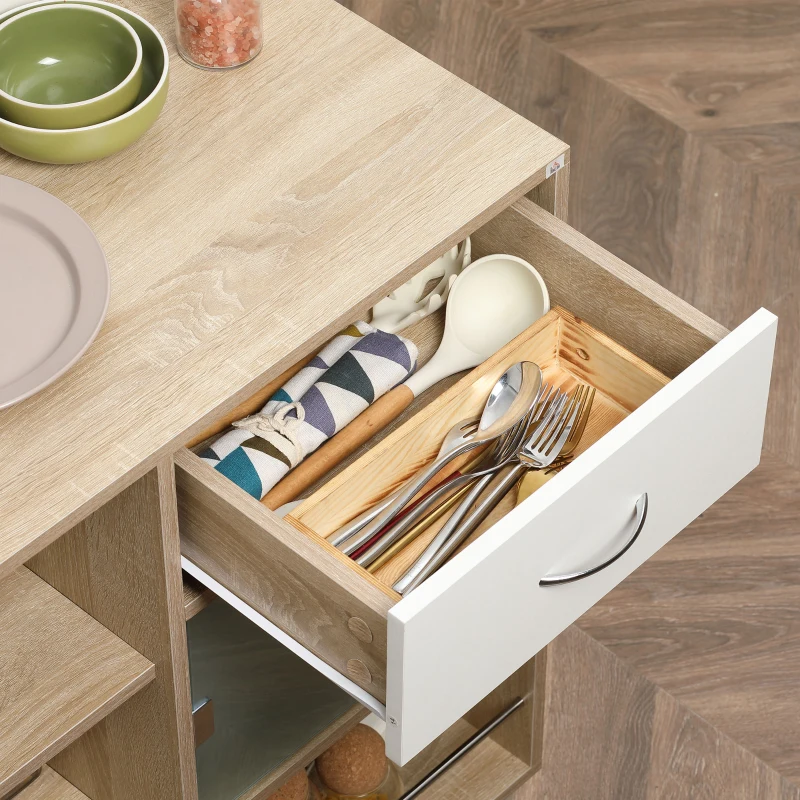 HOMCOM Carrello da Cucina Portavivande con Cassetto, Ripiani e Armadietto in Legno, Acciaio e Vetro, 65x39x80cm