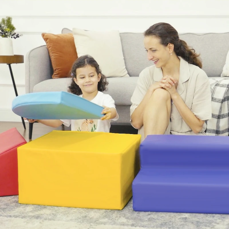 HOMCOM 4 Blocs de construction XL - modules de motricité - jouets éducatifs - parcours motricité enfant mousse EPE polyuréthane, bleu, jaune, rouge