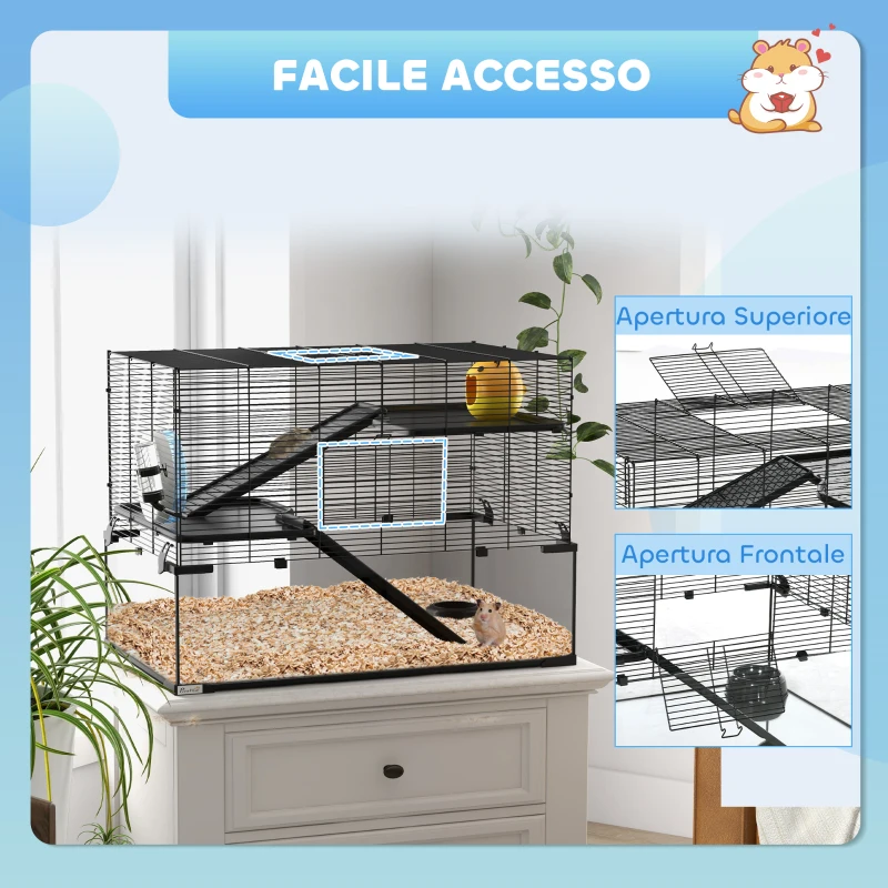 PawHut Gabbia per Criceti a 3 Livelli con Base in Vetro Temperato, Ruota e Accessori, 76.5x48.5x54.5 cm, Nero