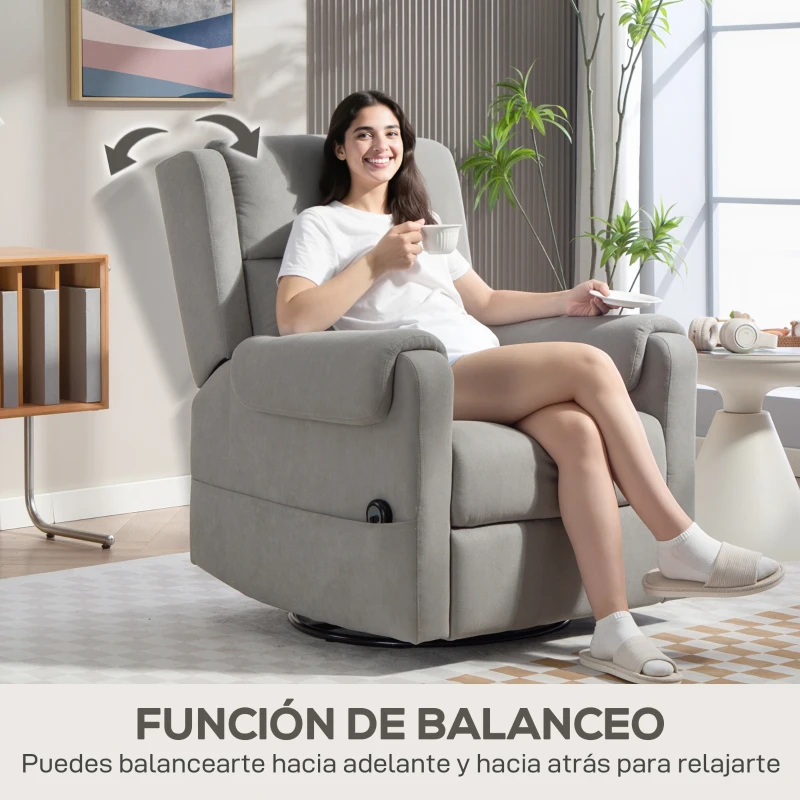 HOMCOM Sillón Relax Reclinable Eléctrico Giratorio y Basculante con Reposapiés Ajustable Mando a Distancia Gris Claro
