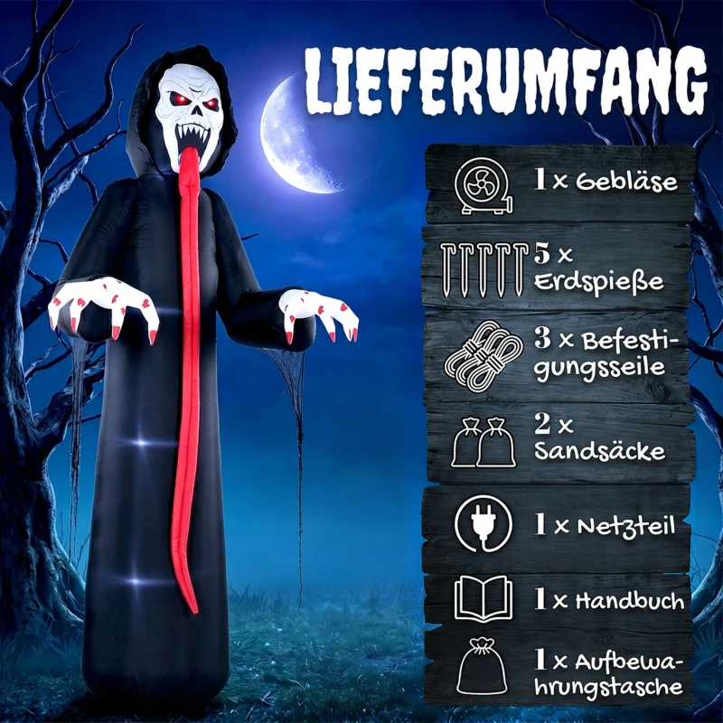 Outsunny Aufblasbares Halloween-Skelett, 310 cm, mit integrierten LED-Lichtern, gruselige Deko für Innen- und Außenbereich