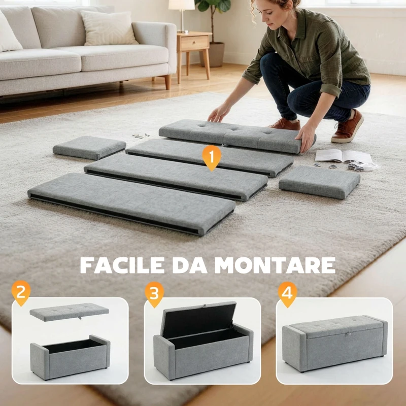 HOMCOM Cassapanca 142L Pouf Contenitore, Seduta Ampia Imbottita, in Lino, Capacità 200 kg, Grigio Chiaro