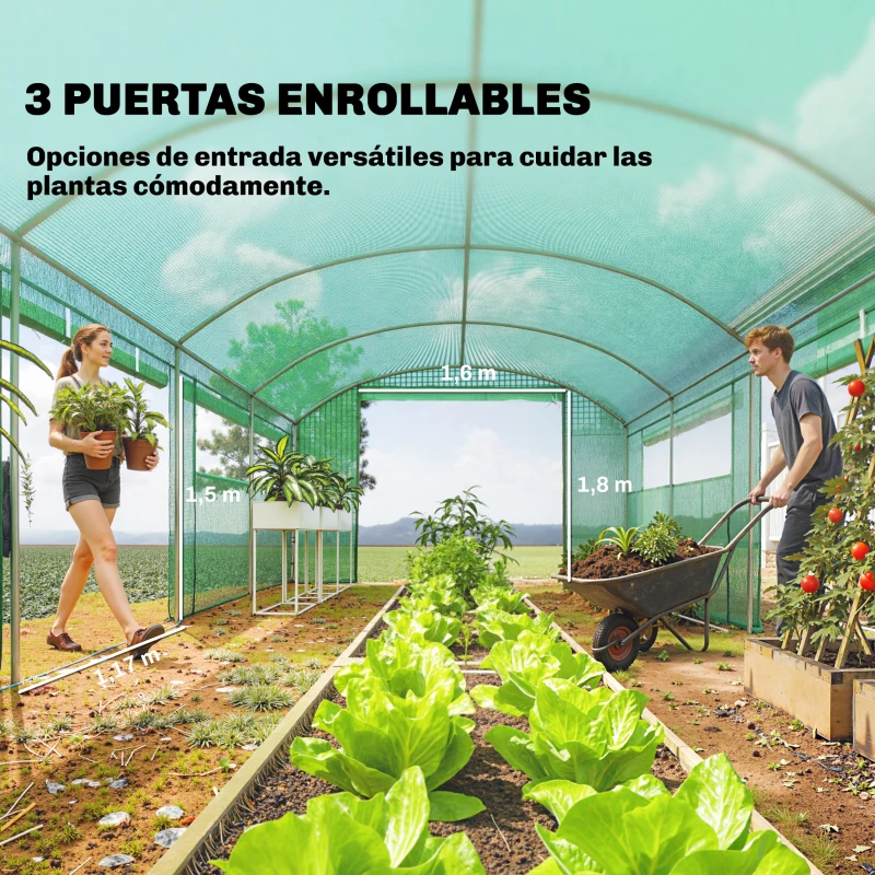 Outsunny Invernadero de Túnel 6x3x2 m con 3 Puertas Enrollables 6 Ventanas de Malla y Estructura de Acero Galvanizado Verde