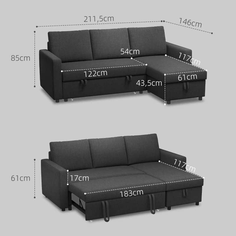 HOMCOM Canapé d'angle convertible modulable avec méridienne réversible, coffre de rangement et 3 coussins de dossier, noir