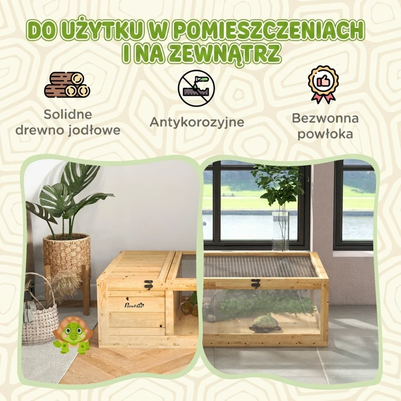 PawHut Terrarium dla żółwia drewniany domek żółwiarnia wybieg dla gadów dwustrefowy otwierany daszek 91x60,5x32 cm żółty