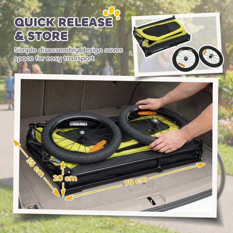PawHut Dog Bike Trailer with Flip-Down Ramp Tailgate, Quick Release Frame, Universal Bicycle Coupler, Reflectors, Yellow