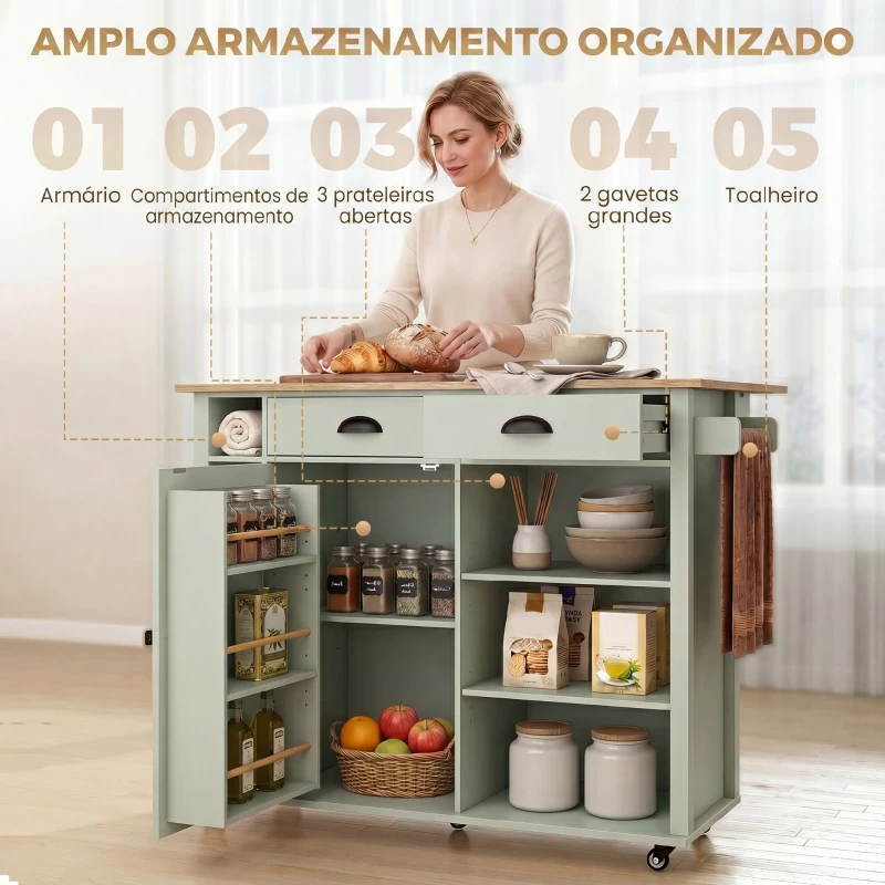 HOMCOM Ilha de Cozinha com Rodas Tampo Rebatível Suporte para Especiarias Prateleiras na Porta Armário 2 Gavetas 117,5x70x91 cm Verde Claro