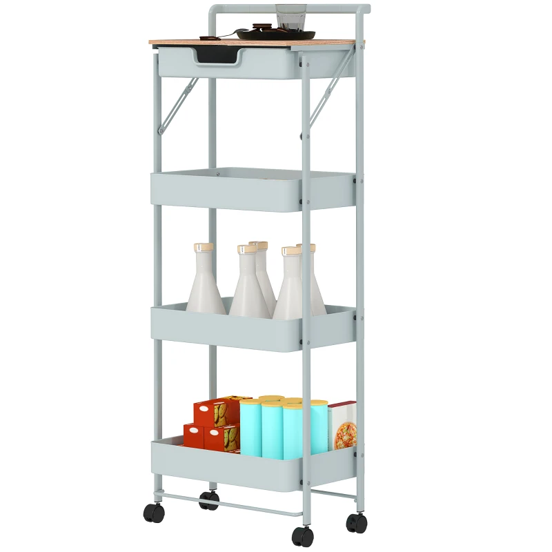 HOMCOM Carrito Auxiliar con Ruedas de 4 Niveles con Cajón Encimera y Cestas de Rejilla para Dormitorio Baño Cocina Verde Claro