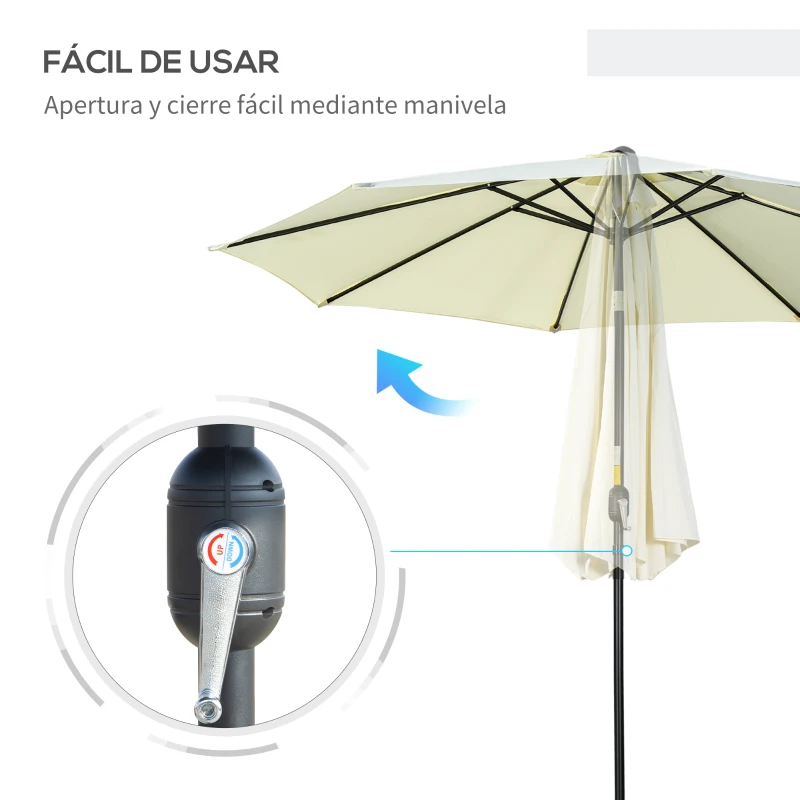 Outsunny Sombrilla de Jardín Ø295x250 cm con Manivela Parasol Exterior con Mecanismo de Inclinación y Poste Desmontable Beige