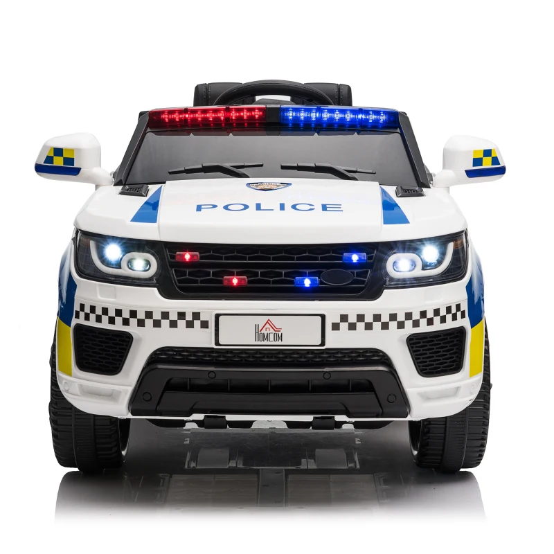 HOMCOM Carro Elétrico Crianças 12V Policial com Bluetooth USB Luz Sirene 110x68x52 cm Brincar Infantil Branco