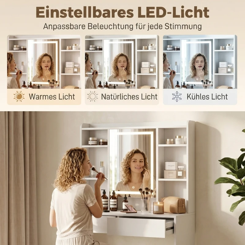 HOMCOM Schminktisch mit Spiegel und LED-Beleuchtung, Frisiertisch mit 2 Schubladen, offenen Fächern und 8 Haken, Weiß