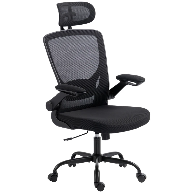 HOMCOM Cadeira de Escritório Ergonômica em Malha com Apoio de Cabeça Ajustável, Preta