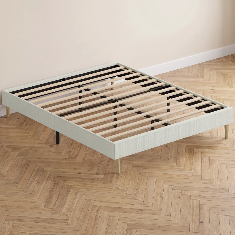 HOMCOM Cadru de pat 140 x 190 cm cu somieră, pat dublu tapițat în catifea canelată, spațiu de depozitare dedesubt, crem