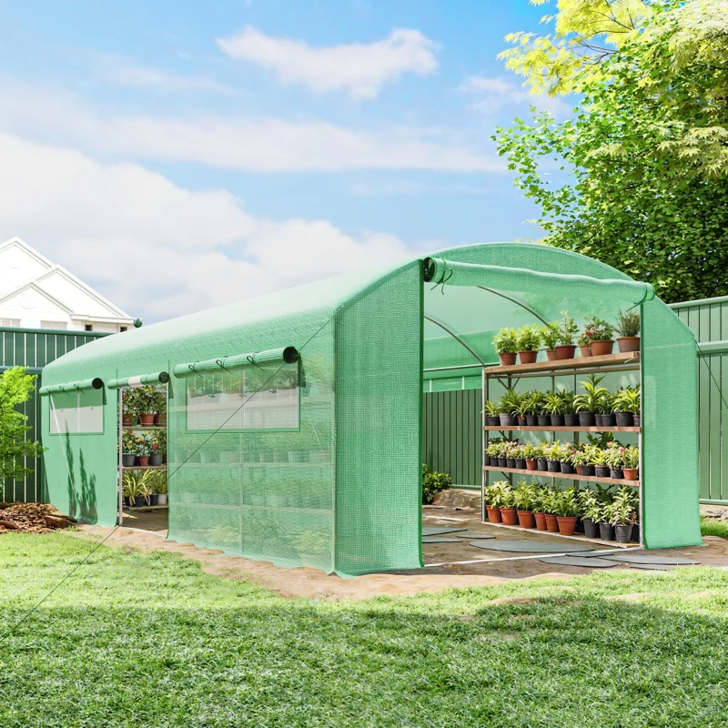 Outsunny Invernadero de Túnel 6x3x2 m con 3 Puertas Enrollables 6 Ventanas de Malla y Estructura de Acero Galvanizado Verde
