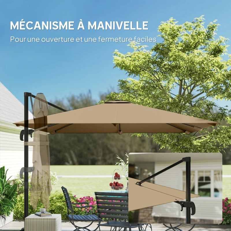Outsunny Parasol déporté carré 3 x 3 m, parasol de jardin extérieur, rotation 360°, inclinable 5 positions, base en croix, kaki