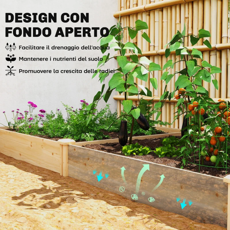 Outsunny Orto in Cassetta con Divisorio Centrale e Fondo Aperto, in Legno di Abete, 235x121x26 cm, color Legno