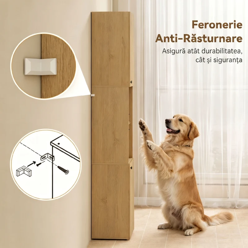 HOMCOM Coloană Baie Slim 6 Rafturi, 2 Uși, Compartimente Deschise, Raft din Sticlă Securizată, Rafturi Reglabile, Stejar