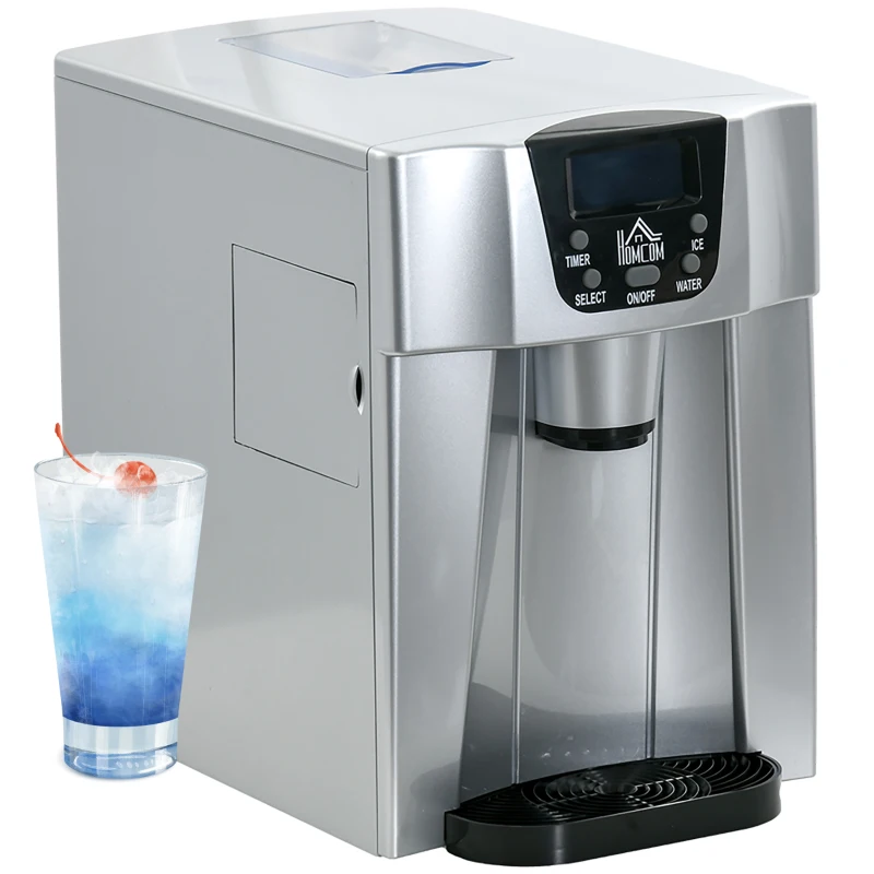 HOMCOM Ice Maker Machine and Water Dispenser, Counter Top Ice Cube Maker for Home with 3L Tank, Adjustable Cube Size, 9 Ice Cubes per 6-10 Minutes, No Plumbing Required, Silver