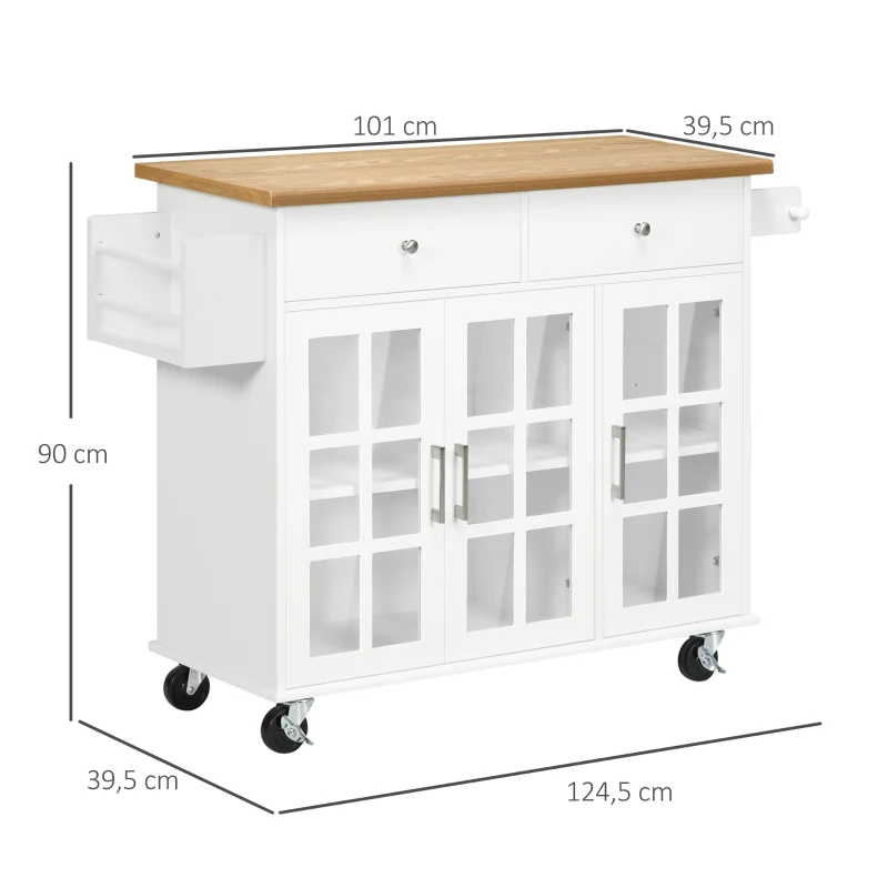 HOMCOM Carro de Cocina con Ruedas Isla de Cocina con 2 Cajones 3 Puertas de Vidrio Templado Toallero 124,5x39,5x90 cm Blanco