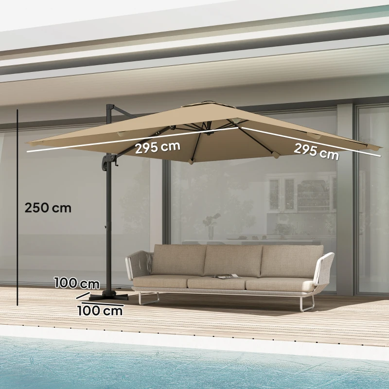 Outsunny Parasol déporté carré 3 x 3 m, parasol de jardin extérieur, rotation 360°, inclinable 5 positions, base en croix, kaki