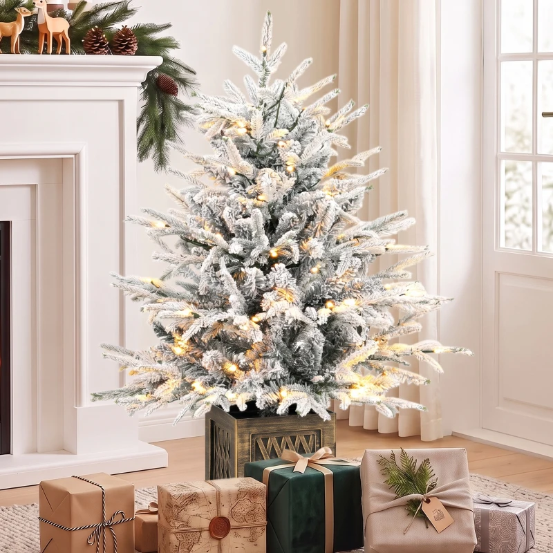 HOMCOM Tisch-Weihnachtsbaum 90 cm, vorbeleuchtet, beschneit, künstlich, 70 warmweiße LEDs, 488 Spitzen, Grün