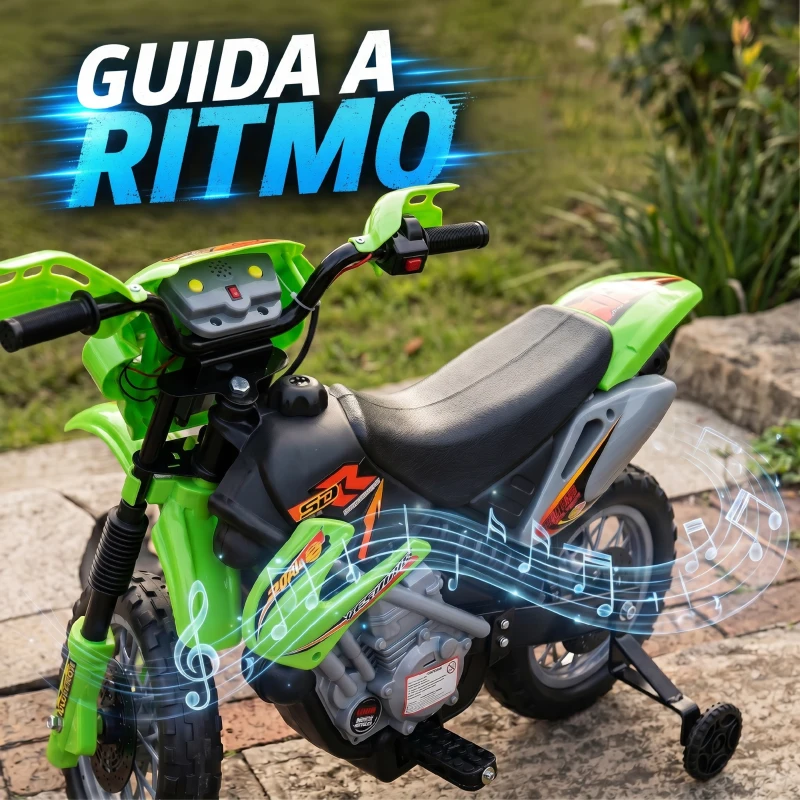 HOMCOM Moto Elettrica per Bambini 3 anni e Più, Moto Cross Elettrica con Rotelle, Batteria 6V Velocità 2.5km/h, 102 x 58 x 66cm, Verde