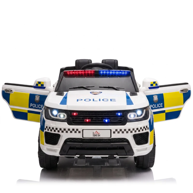HOMCOM Carro Elétrico Crianças 12V Policial com Bluetooth USB Luz Sirene 110x68x52 cm Brincar Infantil Branco