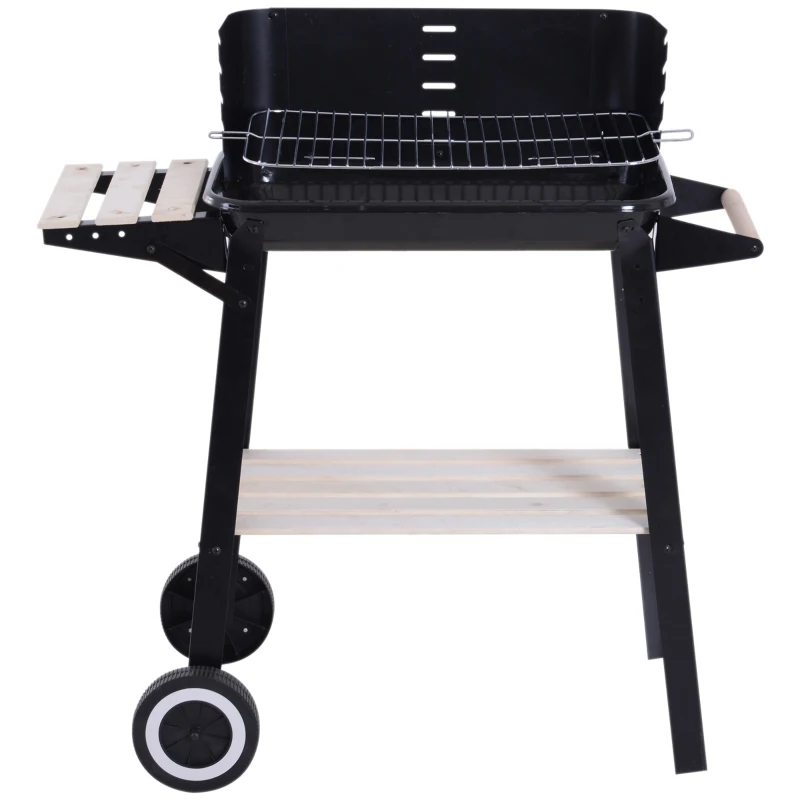 Outsunny Trolley Charcoal BBQ Barbecue Grill Outdoor Patio Garden Heating Smoker with Side Trays Storage Shelf and Wheels