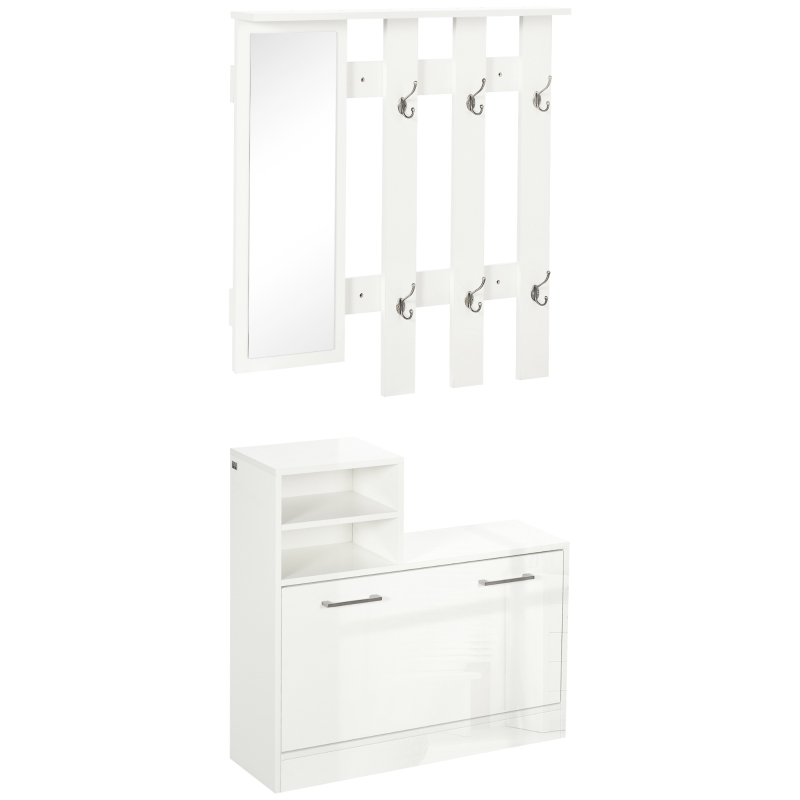 HOMCOM Recibidor con Espejo Perchero y Zapatero Muebles de Entrada con 6 Ganchos y Estantes para 8 Pares de Zapatos Blanco