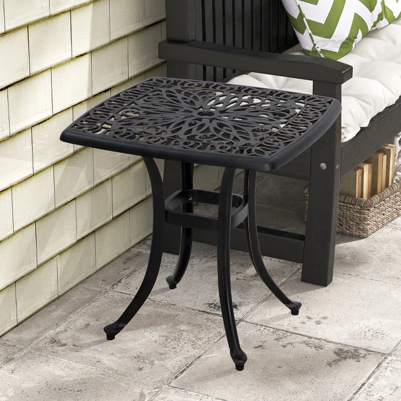 Outsunny Cast Aluminium Bistro Table, Outdoor Square Side Table with Umbrella Hole, Garden Table for Balcony, Bronze Tone
