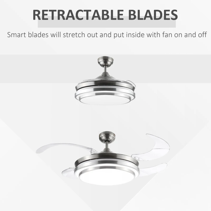 HOMCOM Indoor Ceiling Fan with Light, Retractable Blades, Modern Mount Dimmable LED Lighting Fan with Remote Controller, for Bedroom, Living Room