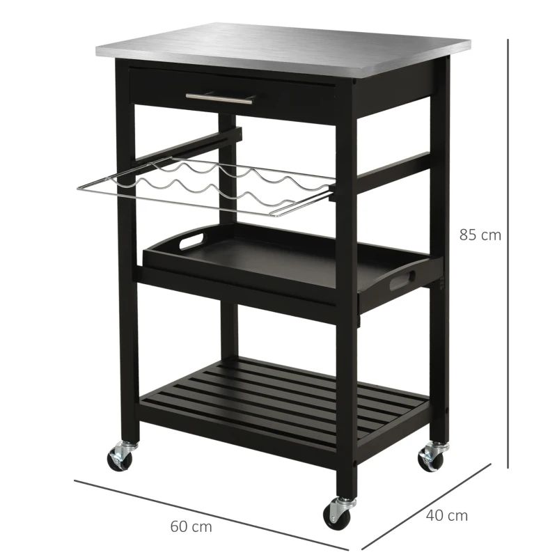 HOMCOM Chariot de Service desserte de Cuisine Table roulantes avec étagère rangement bouteille 60L x 40l x 85H cm Plateau en Acier INOX. Noir