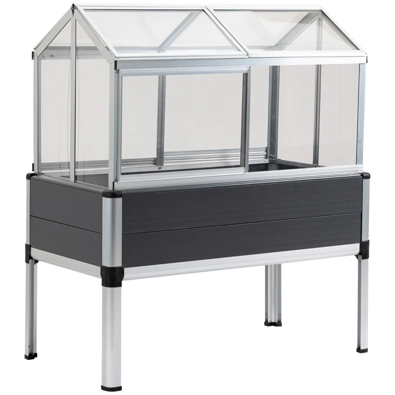 Outsunny Horta Elevada 113,5x61x128,5cm Estufa com Cobertura de Policarbonato com Teto Retrátil e Laterais Deslizantes Estrutura de Alumínio e PVC para Plantas Flores Cinza