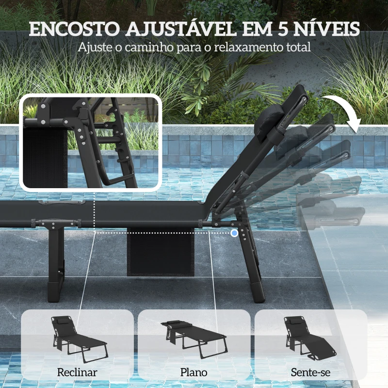 Outsunny Conjunto de 2 Espreguiçadeiras Dobráveis com Apoio de Cabeça, Almofadas, Bolso Lateral e Encosto Reclinável em 5 Posições Azul