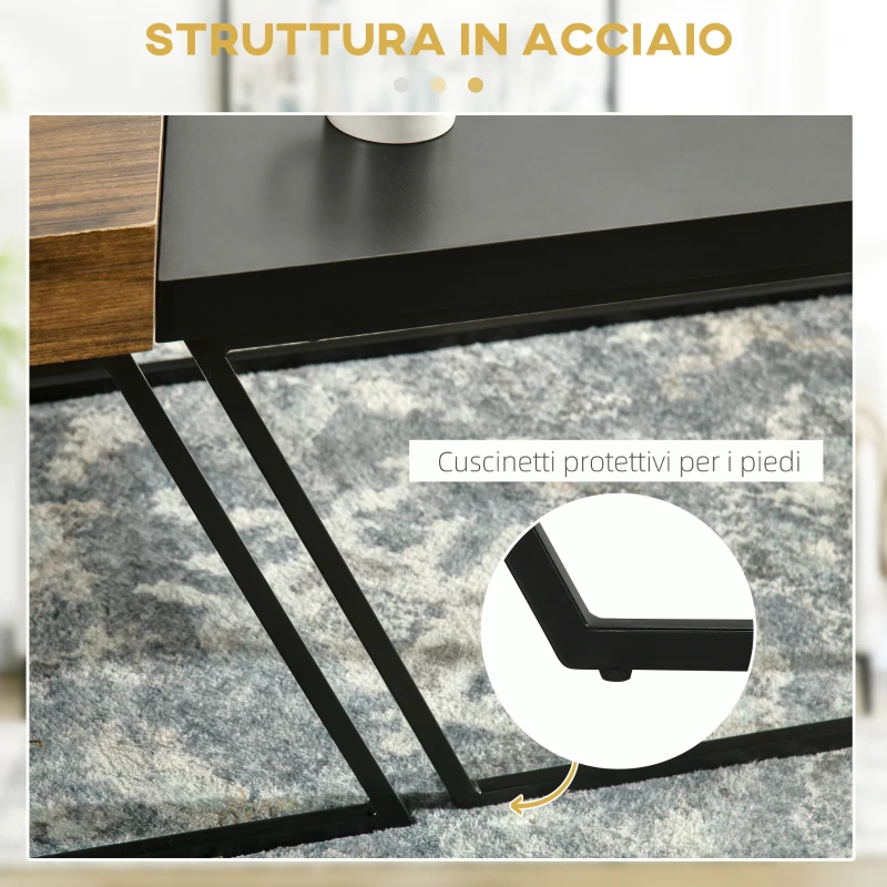 HOMCOM Set 2 Tavolini da Caffè in Truciolato e Acciaio, Tavolo Nero 80x60x42 cm e Tavolo Marrone 60x60x46 cm