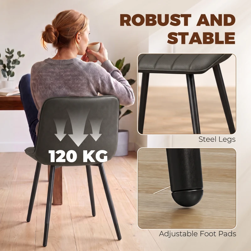 HOMCOM Faux Leather Upholstered Kitchen Chairs, Modern Dining Chairs Set of 2 with Metal Legs for Dining Room, Grey