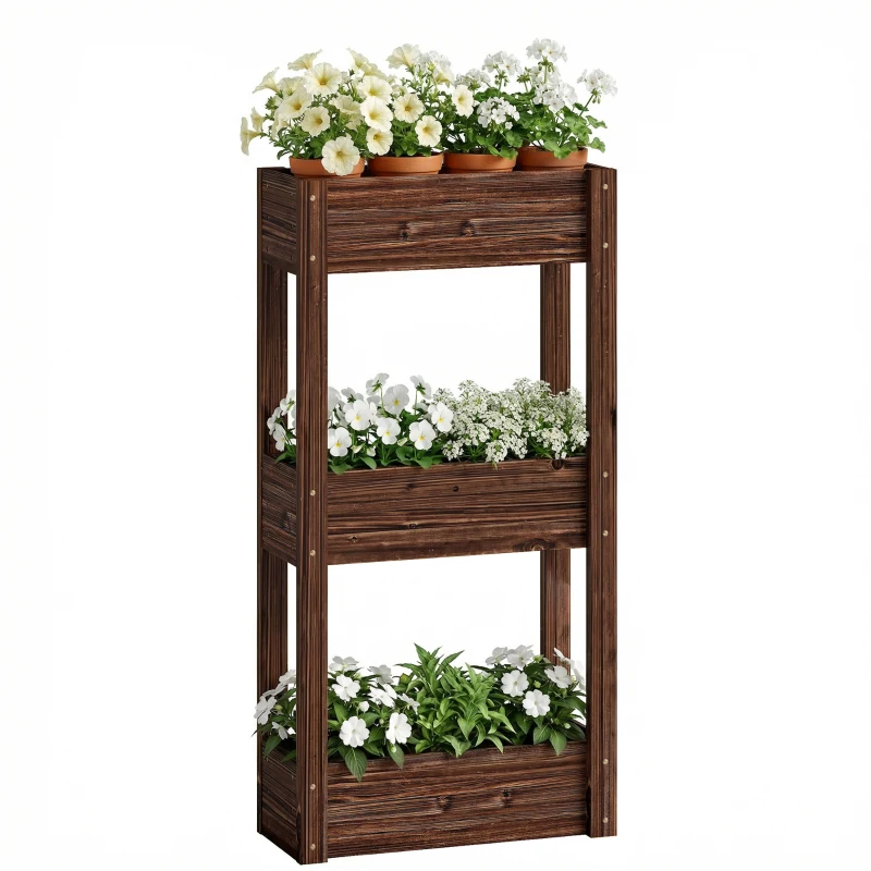 Outsunny Bac à Plantes Surélevé Jardinière sur Pieds 3 Niveaux Trous de Drainage et Doublure 60 x 25 x 120 cm, Marron