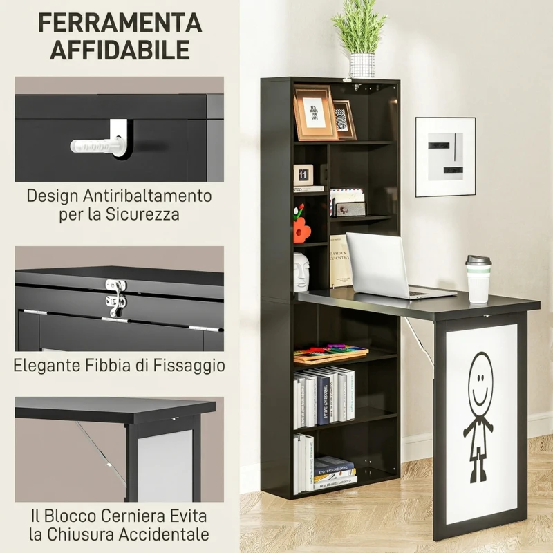 HOMCOM Scrivania Moderna Pieghevole con Libreria e Lavagna, in Legno e Metallo, 98x51x153 cm, Nero