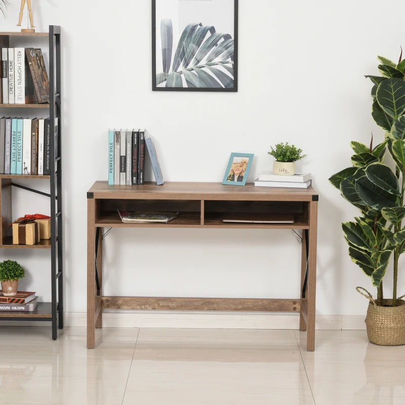 HOMCOM Bureau Design Industriel Grand Plateau 2 niches métal Noir Panneaux Particules Imitation Bois veinage Marron