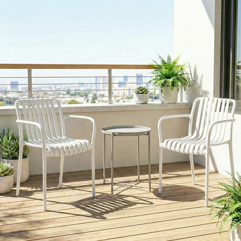 Outsunny Juego de 4 Sillas de Jardín Exterior Apilables de PP con Respaldo Curvado Asiento de Listones 55x58,5x81,5 cm Blanco