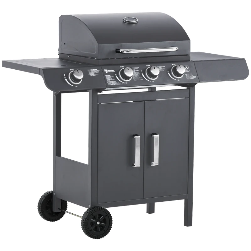 Outsunny 3+1 Burner Gas BBQ Grill, Outdoor Barbecue Trolley with Wheels, Warming Rack, Side Shelves, Cabinet, Thermometer for Garden, Party, Camping, 110W x 50D x 100Hcm, Grey