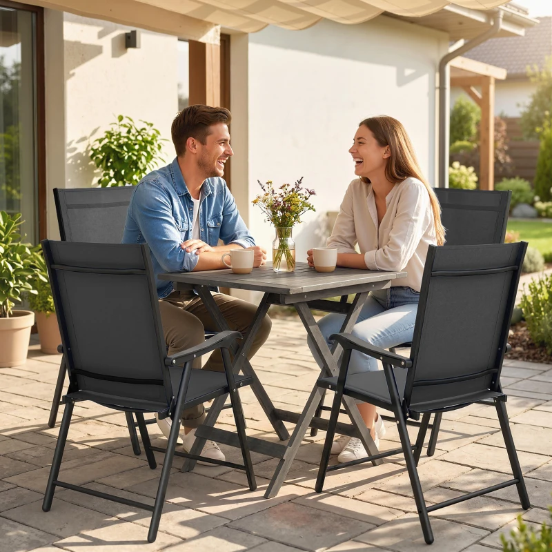 Outsunny Conjunto de 4 Sillas de Jardín Exterior Plegables con Respaldo Alto y Reposabrazos para Terraza Playa 58x62x97 cm Negro