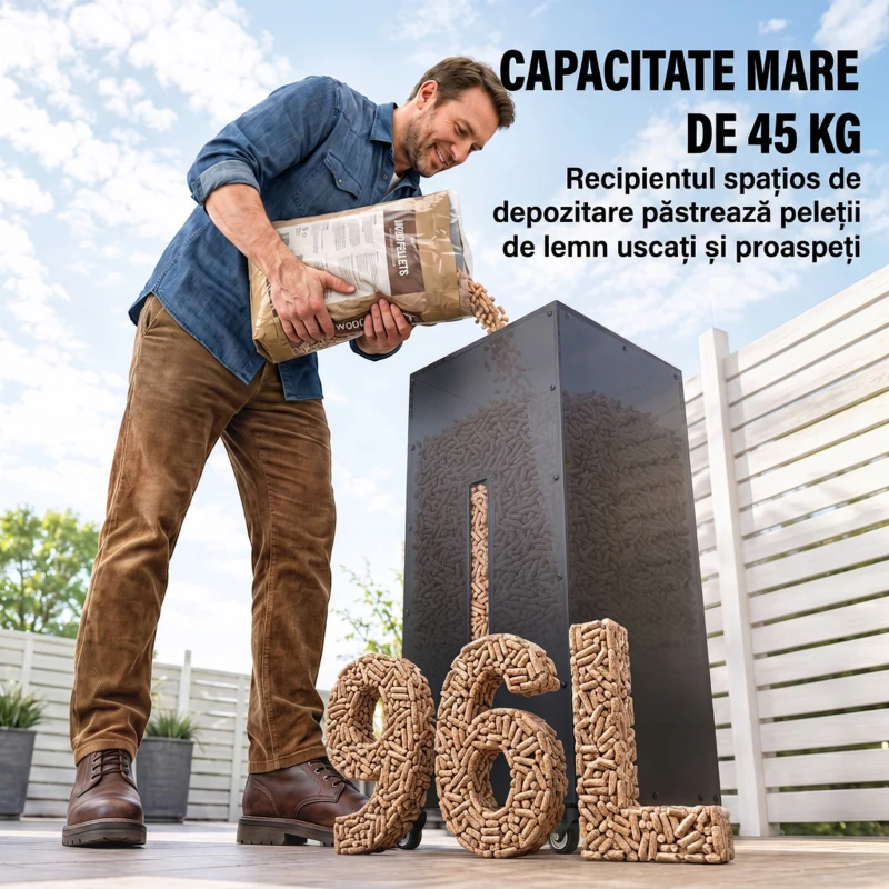 Outsunny Container pentru Peleți 45 Kg cu Roți, Capac, Fereastră și Sită, Negru