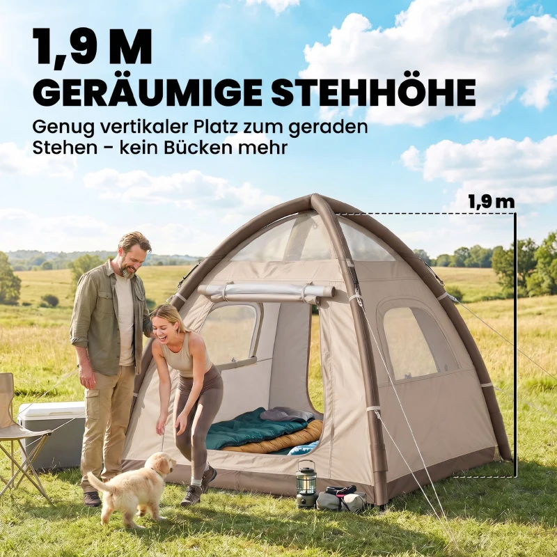 Outsunny Aufblasbares Zelt 2-3 Pers. Schneller Aufbau Outdoor Camping Zelt mit Luftpumpe Meshfenster abnehmbar Dach