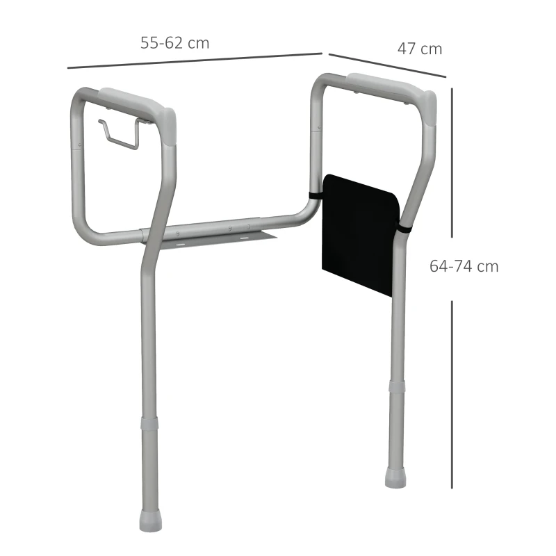 HOMCOM Barra de Seguridad para Inodoro con Asas Antideslizante Bolsillo Anchura y Altura Ajustable 55-62x47x64-74 cm Plata